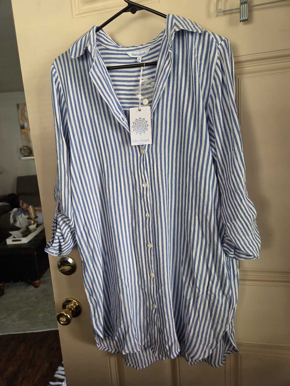 blue island Blue and White Long-Sleeve Striped Shirt Dress